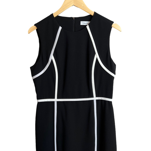 Calvin Klein Black Sheath White Piped Colorblock Sleeveless Dress Size 8 - Picture 3 of 10